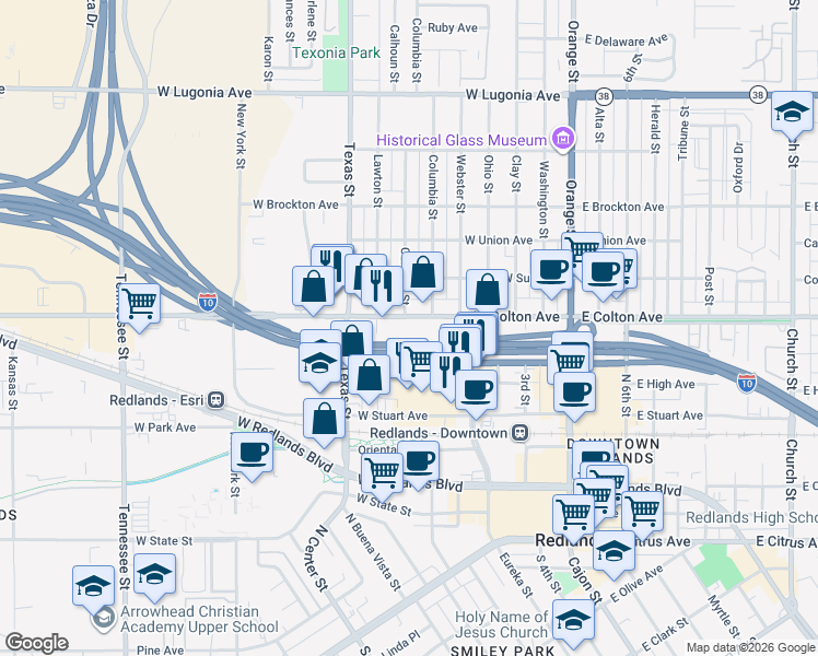map of restaurants, bars, coffee shops, grocery stores, and more near 519 West Colton Avenue in Redlands