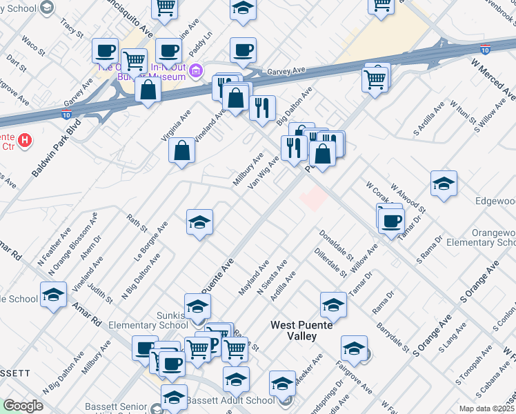 map of restaurants, bars, coffee shops, grocery stores, and more near 14033 Barrydale Street in La Puente