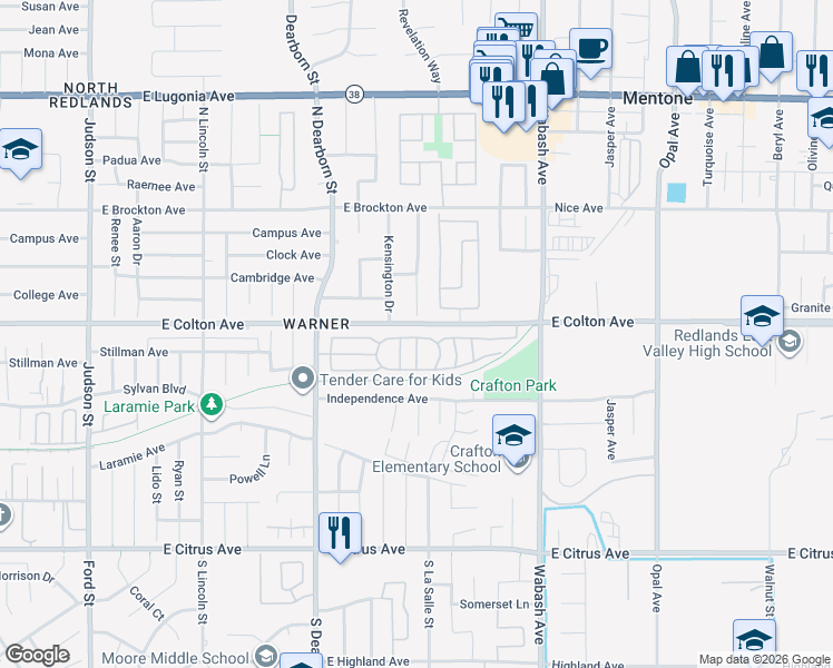 map of restaurants, bars, coffee shops, grocery stores, and more near 626 North Dearborn Street in Redlands