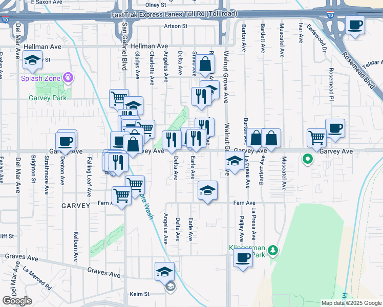 map of restaurants, bars, coffee shops, grocery stores, and more near 2736 Earle Avenue in Rosemead