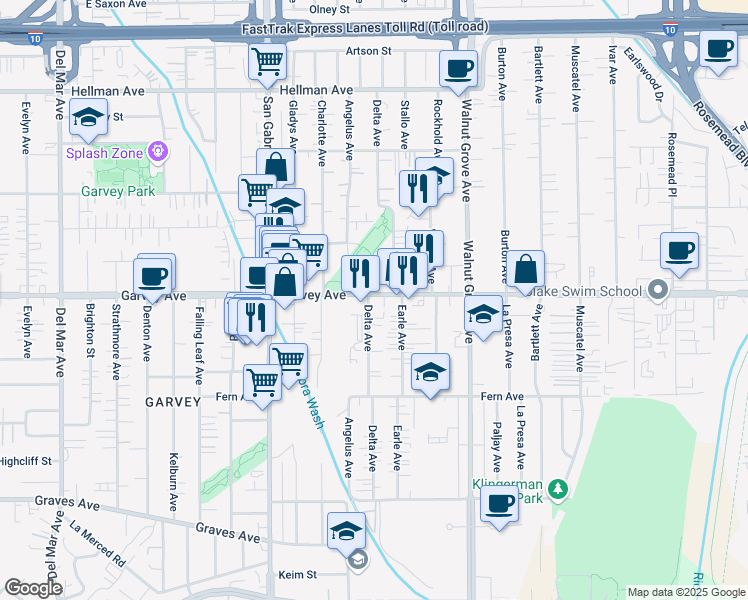 map of restaurants, bars, coffee shops, grocery stores, and more near 2746 Delta Avenue in Rosemead