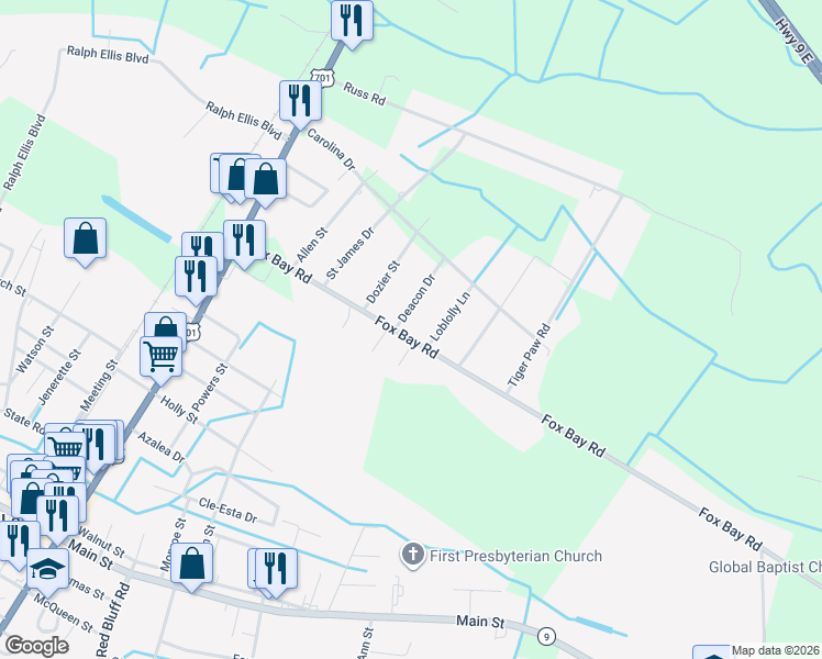 map of restaurants, bars, coffee shops, grocery stores, and more near 152 Fox Dale Drive in Loris