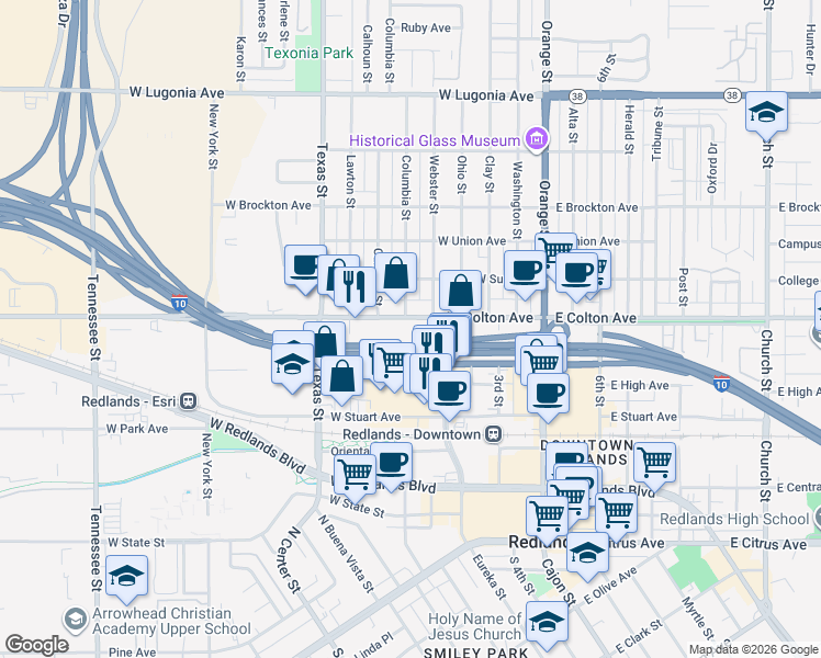 map of restaurants, bars, coffee shops, grocery stores, and more near 326 West Colton Avenue in Redlands