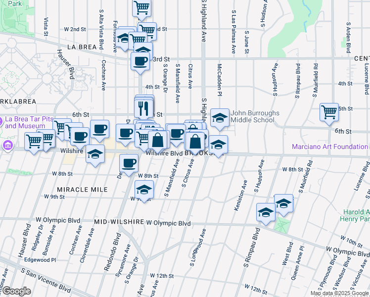 map of restaurants, bars, coffee shops, grocery stores, and more near 5050 Wilshire Boulevard in Los Angeles