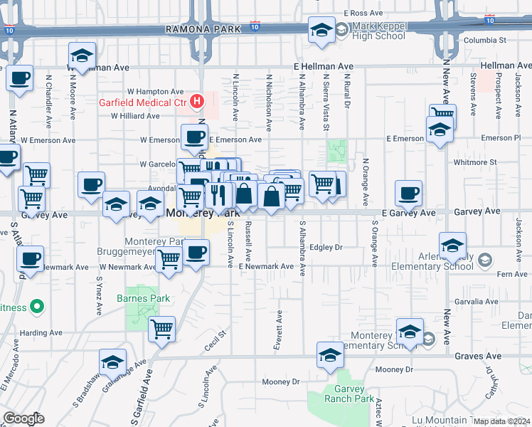 map of restaurants, bars, coffee shops, grocery stores, and more near 292 East Garvey Avenue in Monterey Park