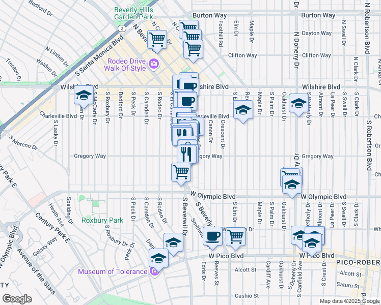 map of restaurants, bars, coffee shops, grocery stores, and more near 304 South Reeves Drive in Beverly Hills