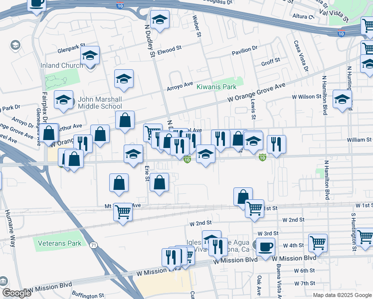 map of restaurants, bars, coffee shops, grocery stores, and more near 608 Del Rosa Place in Pomona