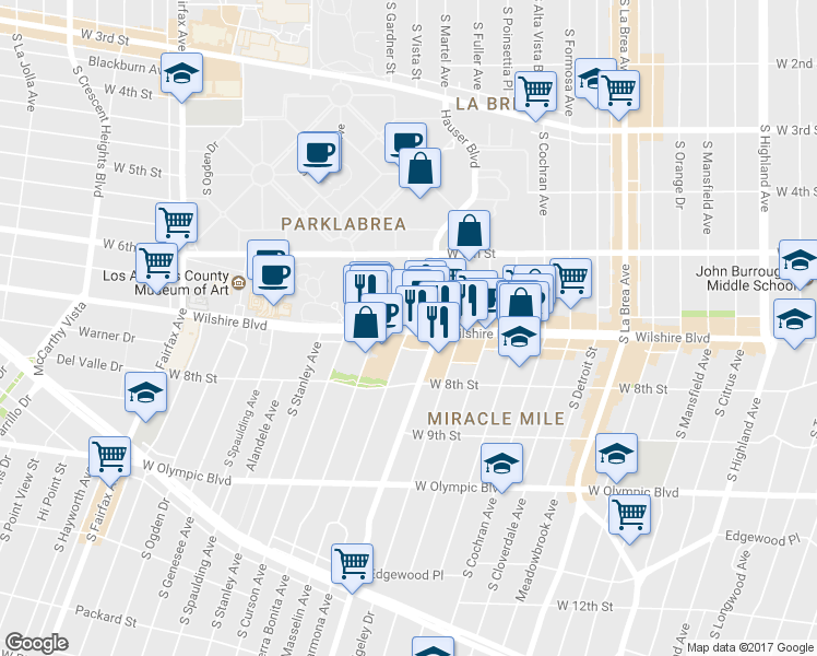 map of restaurants, bars, coffee shops, grocery stores, and more near 693 South Masselin Avenue in Los Angeles