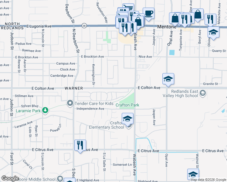 map of restaurants, bars, coffee shops, grocery stores, and more near 626 North Dearborn Street in Redlands