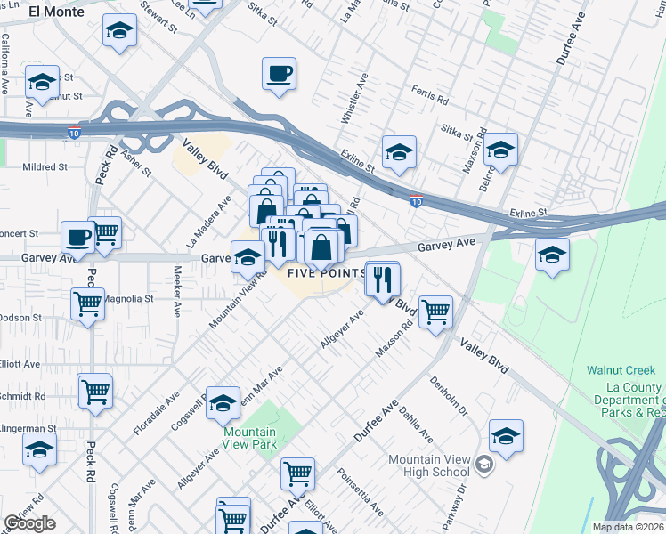 map of restaurants, bars, coffee shops, grocery stores, and more near 11990 Valley Boulevard in El Monte