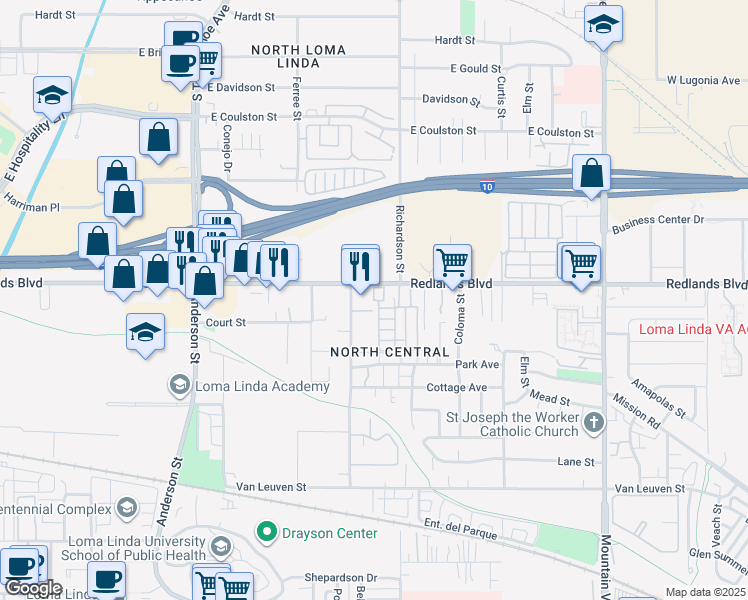 map of restaurants, bars, coffee shops, grocery stores, and more near 60 Leota Street in Loma Linda