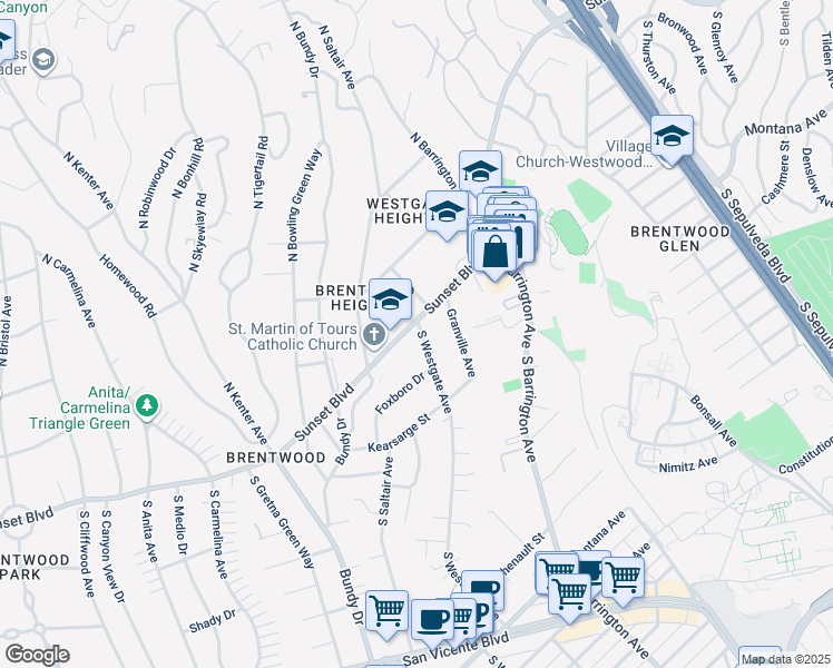 map of restaurants, bars, coffee shops, grocery stores, and more near 11930 West Sunset Boulevard in Los Angeles