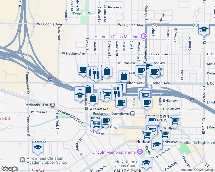 map of restaurants, bars, coffee shops, grocery stores, and more near 503 West Colton Avenue in Redlands
