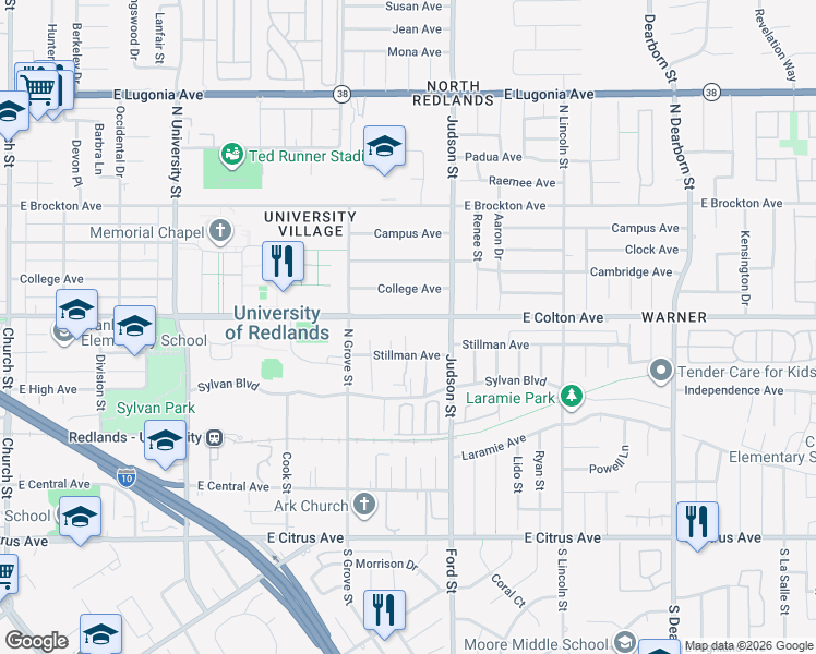 map of restaurants, bars, coffee shops, grocery stores, and more near 1365 Stillman Avenue in Redlands