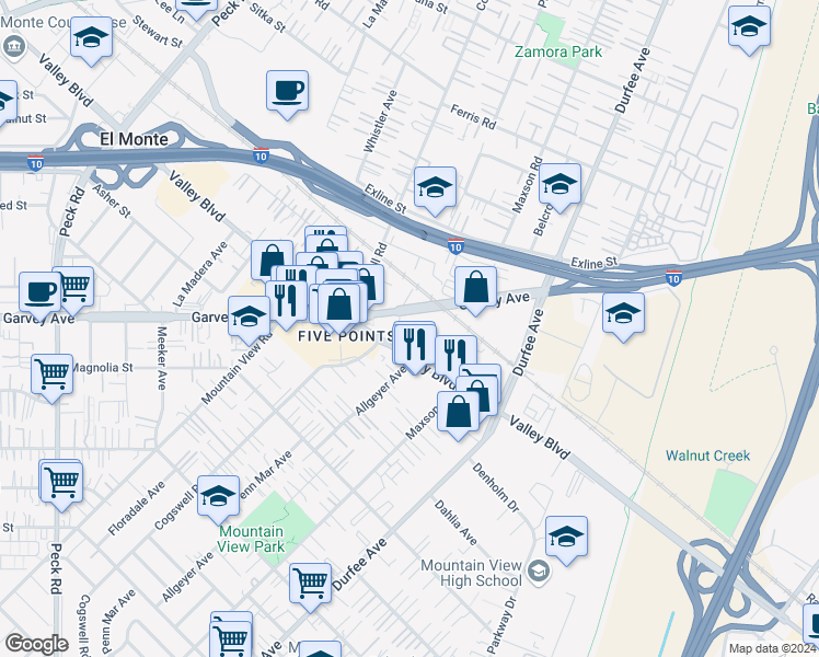 map of restaurants, bars, coffee shops, grocery stores, and more near 12102 Garvey Avenue in El Monte