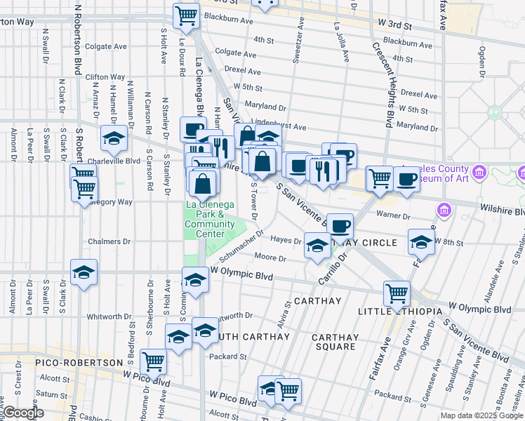 map of restaurants, bars, coffee shops, grocery stores, and more near 234 South Tower Drive in Beverly Hills