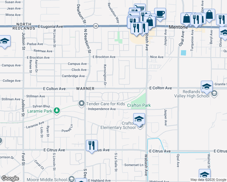 map of restaurants, bars, coffee shops, grocery stores, and more near 1650 East Colton Avenue in Redlands