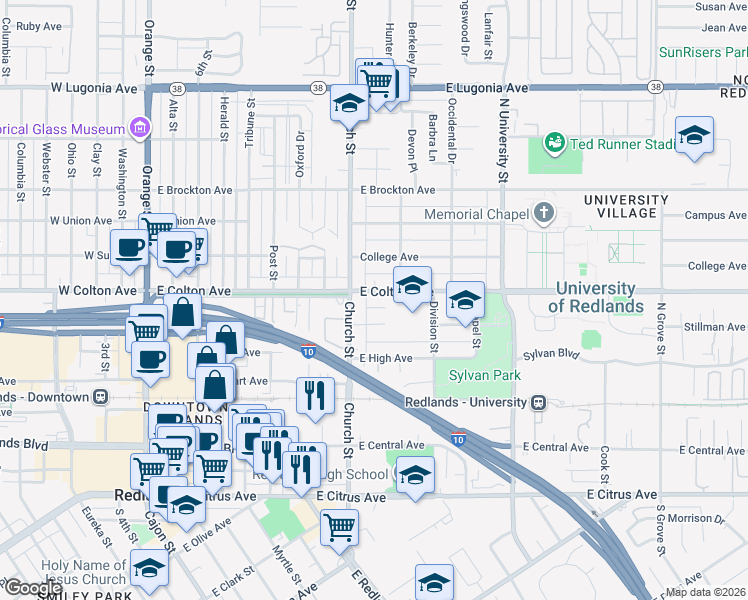 map of restaurants, bars, coffee shops, grocery stores, and more near 813 Stillman Avenue in Redlands