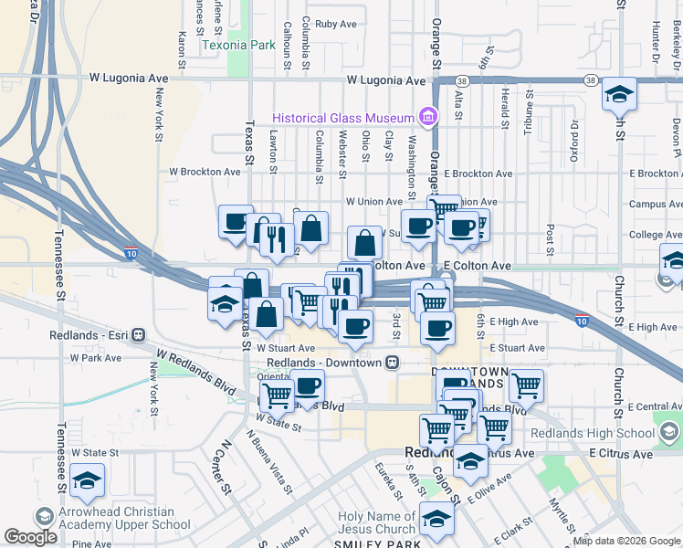 map of restaurants, bars, coffee shops, grocery stores, and more near 326 West Colton Avenue in Redlands