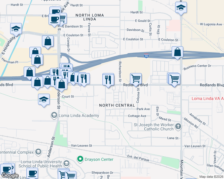 map of restaurants, bars, coffee shops, grocery stores, and more near 60 Leota Street in Loma Linda