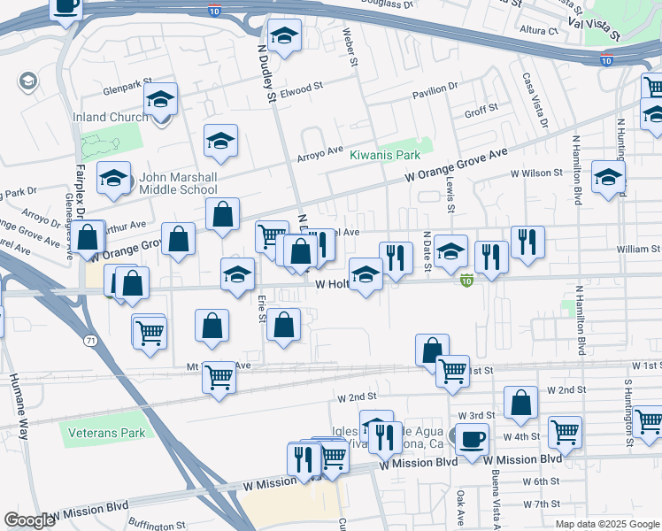 map of restaurants, bars, coffee shops, grocery stores, and more near 1515 West Holt Avenue in Pomona