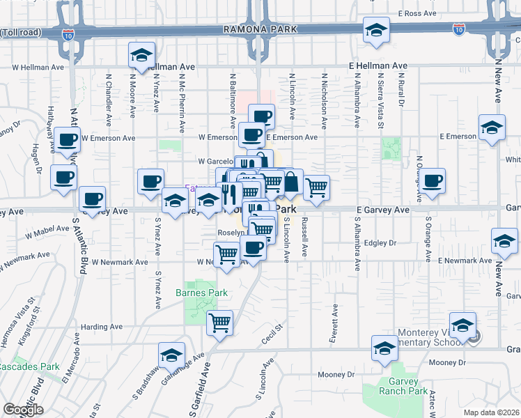 map of restaurants, bars, coffee shops, grocery stores, and more near 1501 South Atlantic Boulevard in Monterey Park