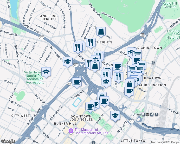 map of restaurants, bars, coffee shops, grocery stores, and more near 891 West Cesar Estrada Chavez Avenue in Los Angeles