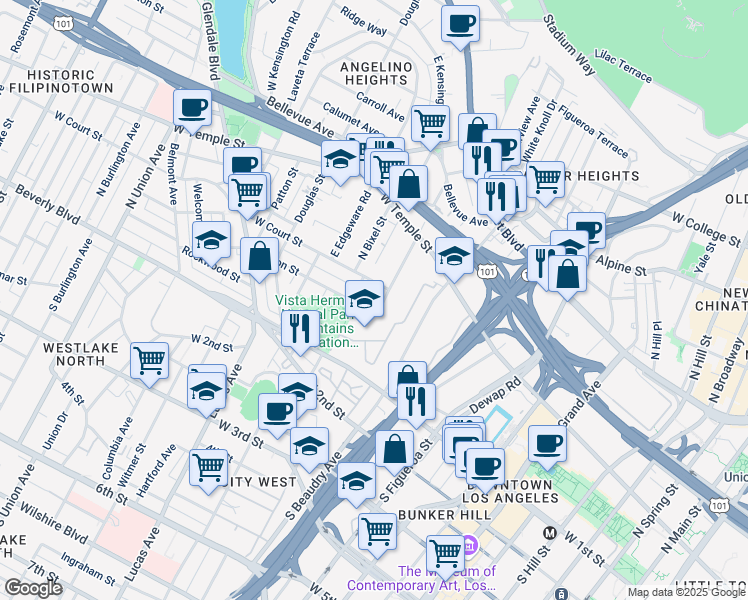 map of restaurants, bars, coffee shops, grocery stores, and more near 1137 Colton Street in Los Angeles