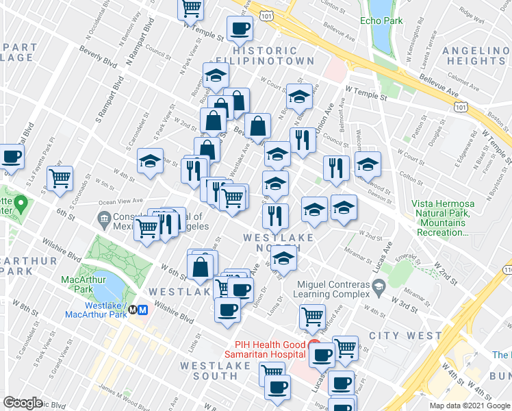 map of restaurants, bars, coffee shops, grocery stores, and more near 261s South Burlington Avenue in Los Angeles