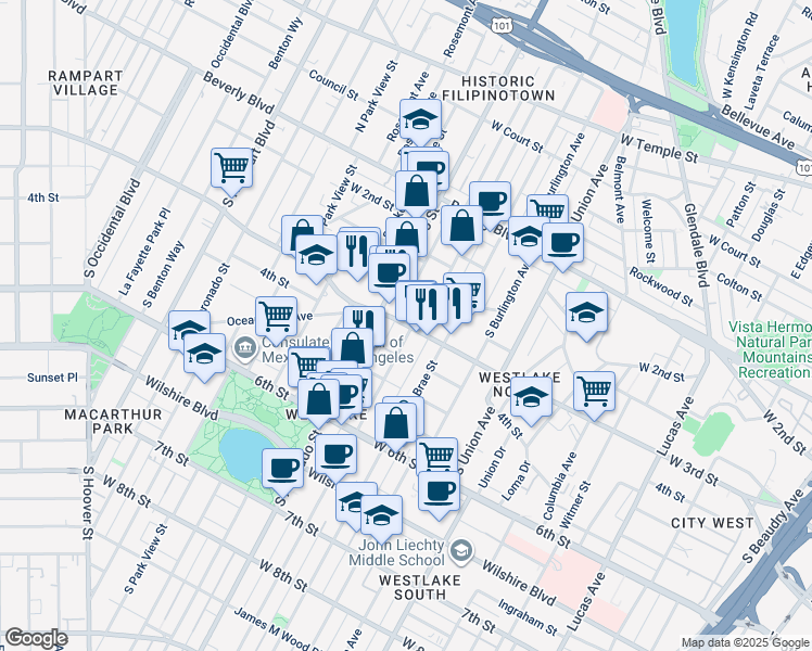 map of restaurants, bars, coffee shops, grocery stores, and more near 309 South Westlake Avenue in Los Angeles