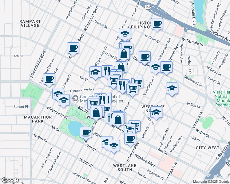 map of restaurants, bars, coffee shops, grocery stores, and more near 309 South Westlake Avenue in Los Angeles