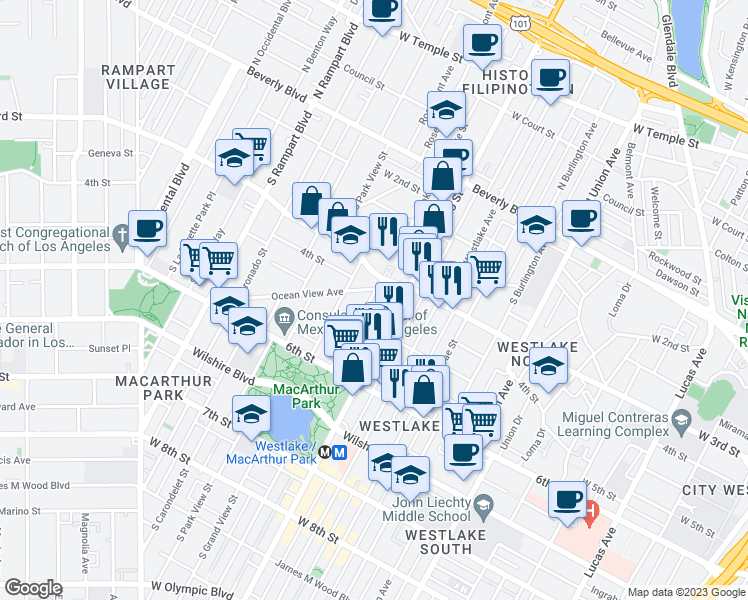 map of restaurants, bars, coffee shops, grocery stores, and more near in Los Angeles