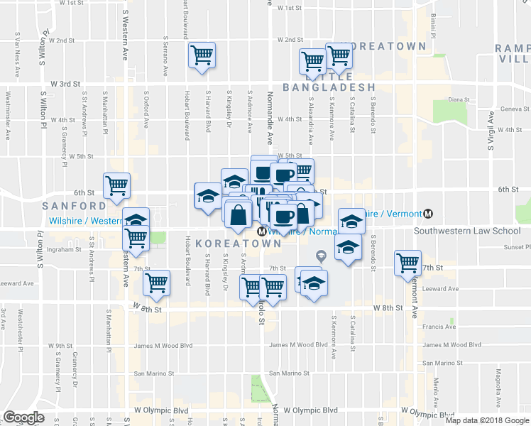 map of restaurants, bars, coffee shops, grocery stores, and more near in Los Angeles