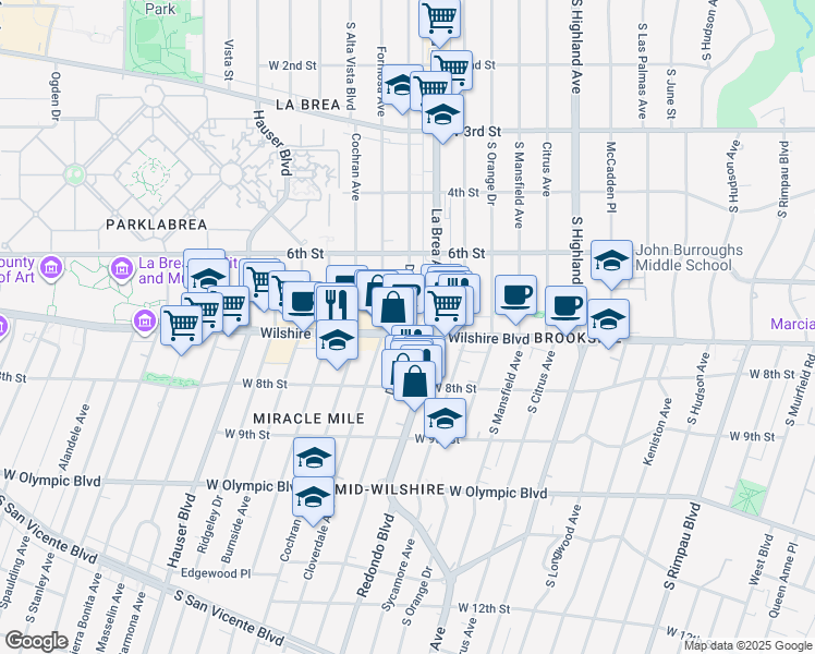 map of restaurants, bars, coffee shops, grocery stores, and more near 5356 Wilshire Boulevard in Los Angeles