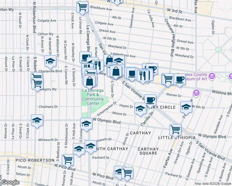 map of restaurants, bars, coffee shops, grocery stores, and more near 258 South Tower Drive in Los Angeles