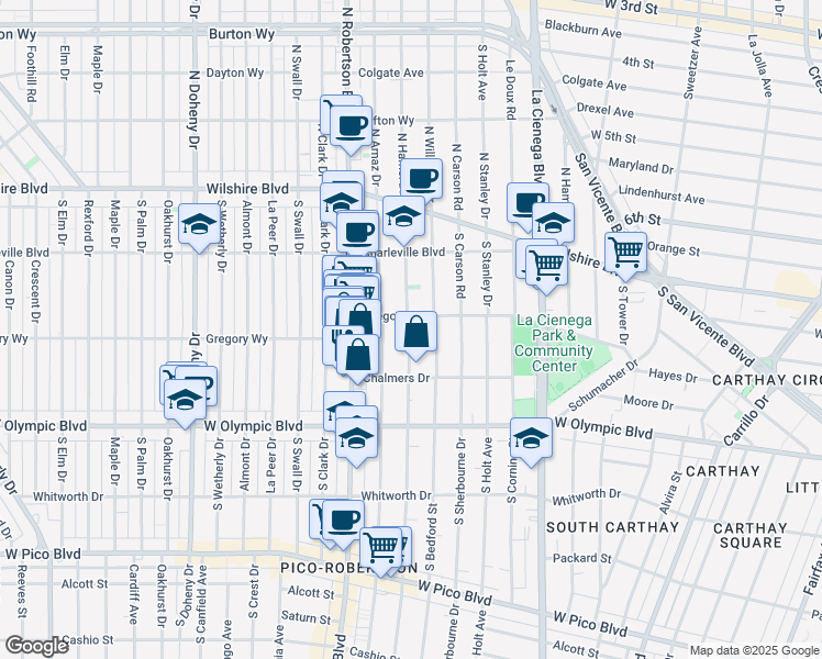 map of restaurants, bars, coffee shops, grocery stores, and more near 819 1/2 South Shenandoah Street in Los Angeles