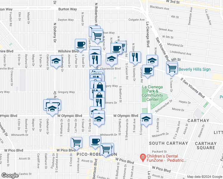 map of restaurants, bars, coffee shops, grocery stores, and more near 819 1/2 South Shenandoah Street in Los Angeles