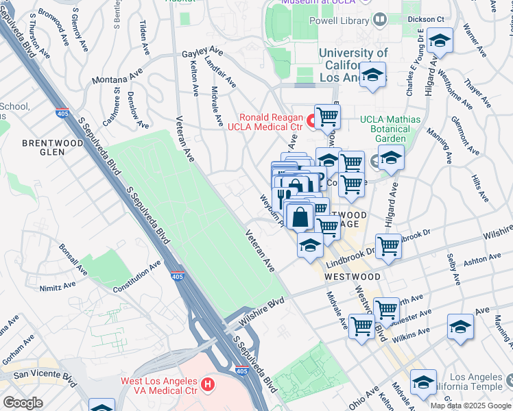 map of restaurants, bars, coffee shops, grocery stores, and more near 825 Weyburn Terrace in Los Angeles
