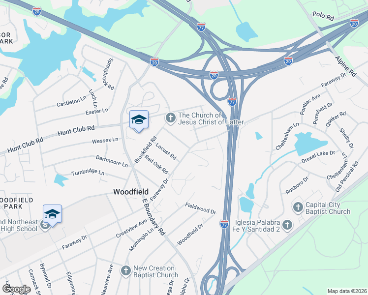 map of restaurants, bars, coffee shops, grocery stores, and more near 2300 Locust Road in Columbia
