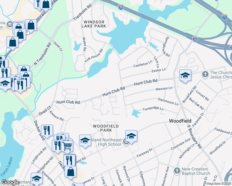 map of restaurants, bars, coffee shops, grocery stores, and more near 7602 Hunt Club Road in Columbia