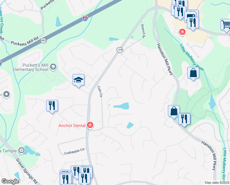 map of restaurants, bars, coffee shops, grocery stores, and more near 2300 Park Valley Way in Dacula