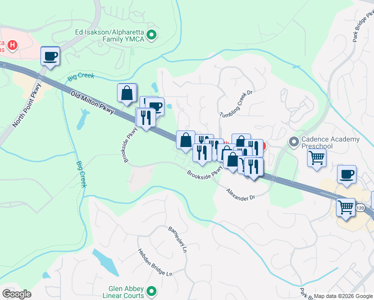 map of restaurants, bars, coffee shops, grocery stores, and more near 3750 Brookside Pkwy in Alpharetta