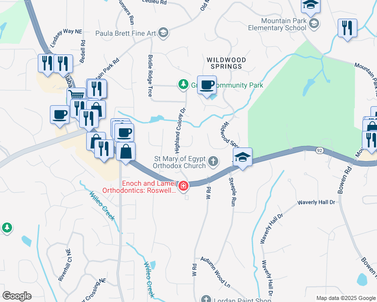 map of restaurants, bars, coffee shops, grocery stores, and more near 11635 Highland Colony Drive in Roswell