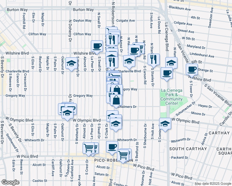 map of restaurants, bars, coffee shops, grocery stores, and more near 822 South Robertson Boulevard in Los Angeles