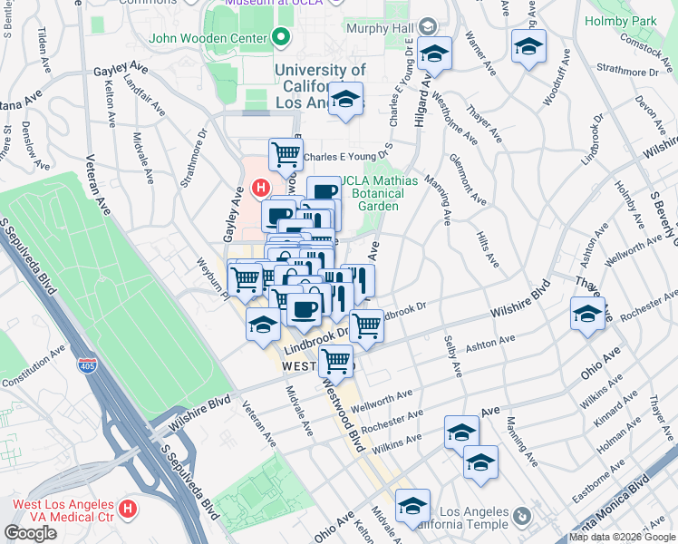 map of restaurants, bars, coffee shops, grocery stores, and more near 947 Tiverton Avenue in Los Angeles