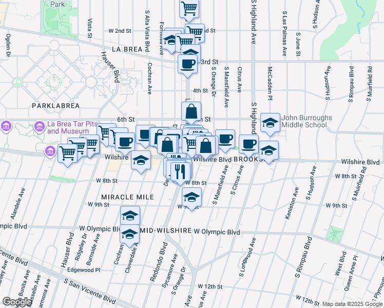 map of restaurants, bars, coffee shops, grocery stores, and more near 710 South La Brea Avenue in Los Angeles
