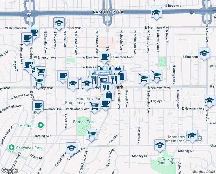 map of restaurants, bars, coffee shops, grocery stores, and more near 604 West Hammel Street in Monterey Park