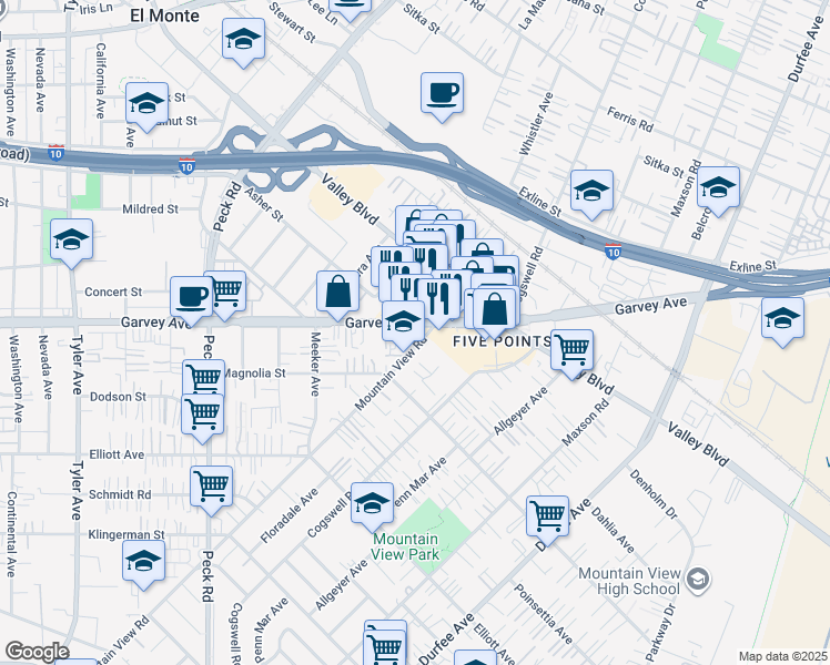 map of restaurants, bars, coffee shops, grocery stores, and more near 2839 Mountain View Road in El Monte