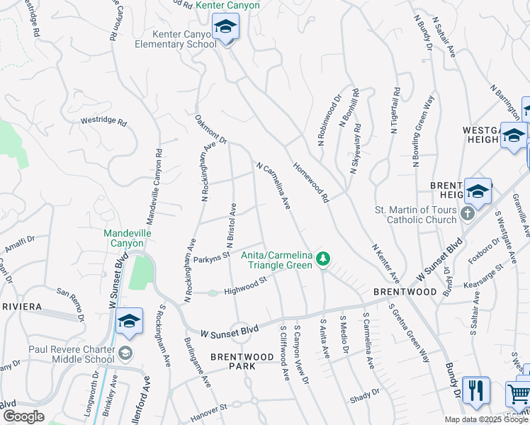 map of restaurants, bars, coffee shops, grocery stores, and more near 350 North Cliffwood Avenue in Los Angeles