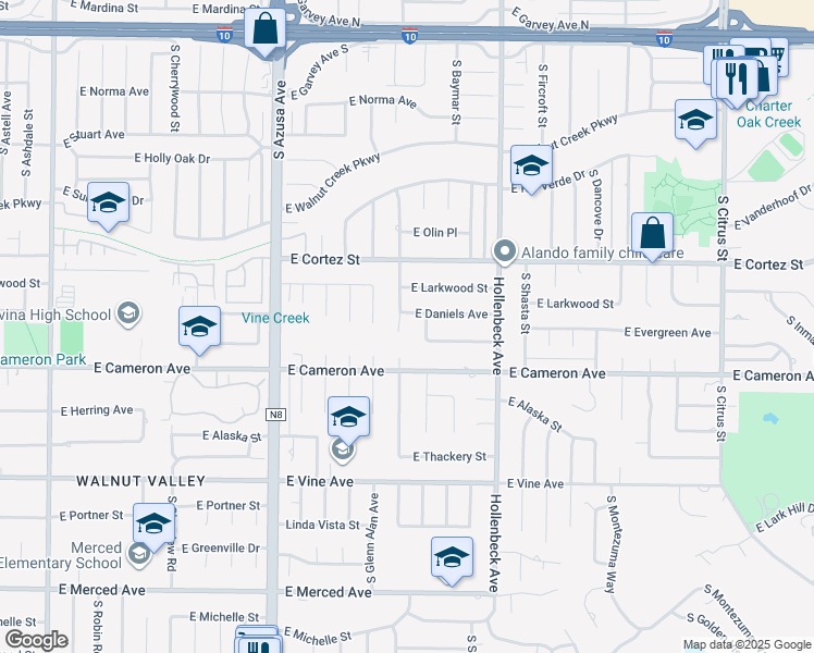map of restaurants, bars, coffee shops, grocery stores, and more near 723 South Hillward Avenue in West Covina